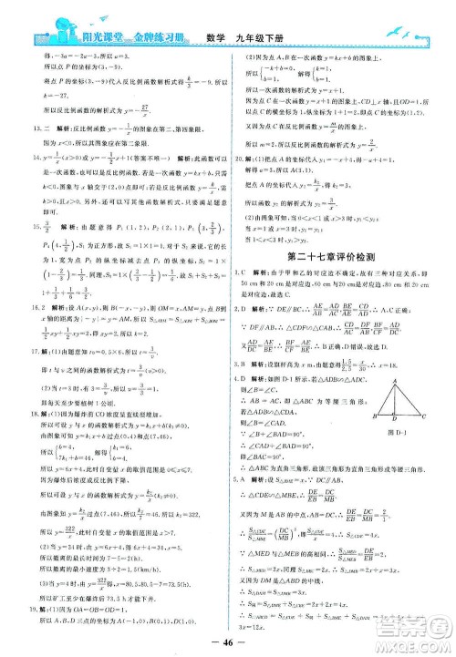 人民教育出版社2021阳光课堂金牌练习册数学九年级下册人教版答案