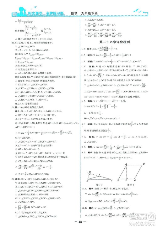 人民教育出版社2021阳光课堂金牌练习册数学九年级下册人教版答案