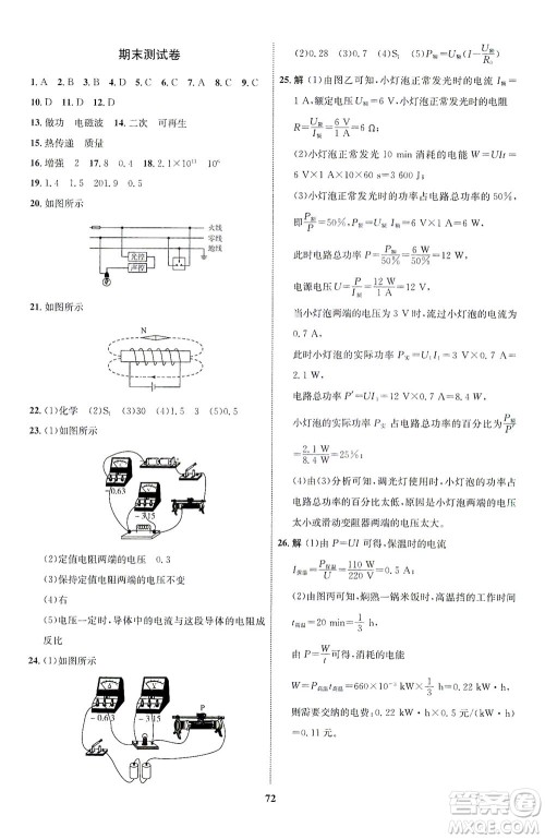 现代教育出版社2021初中同步学考优化设计九年级物理全一册RJ人教版答案