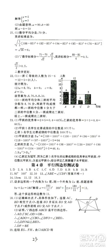 花山文艺出版社2021学科能力达标初中生100全优卷八年级数学下册浙教版答案