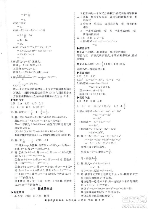 郑州大学出版社2021新学案同步导与练七年级数学下册北师大版答案