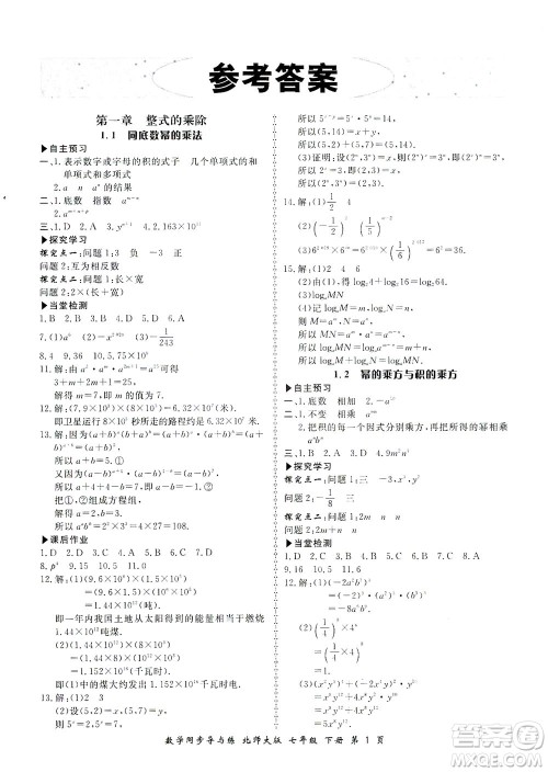 郑州大学出版社2021新学案同步导与练七年级数学下册北师大版答案