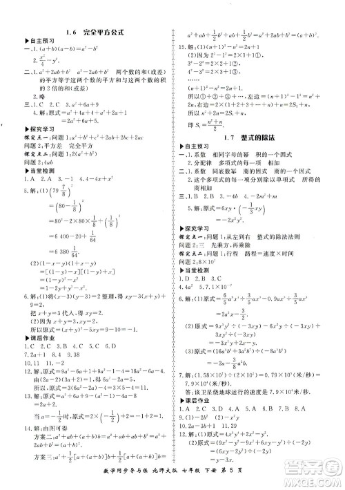 郑州大学出版社2021新学案同步导与练七年级数学下册北师大版答案