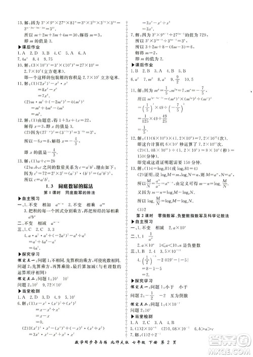 郑州大学出版社2021新学案同步导与练七年级数学下册北师大版答案