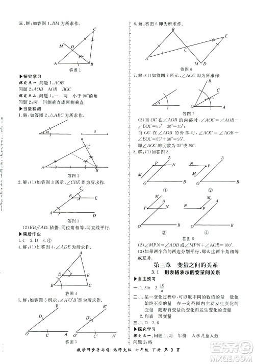 郑州大学出版社2021新学案同步导与练七年级数学下册北师大版答案