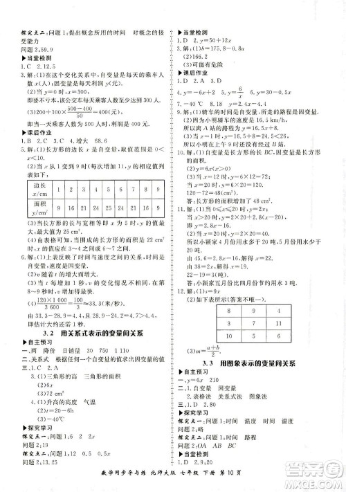 郑州大学出版社2021新学案同步导与练七年级数学下册北师大版答案