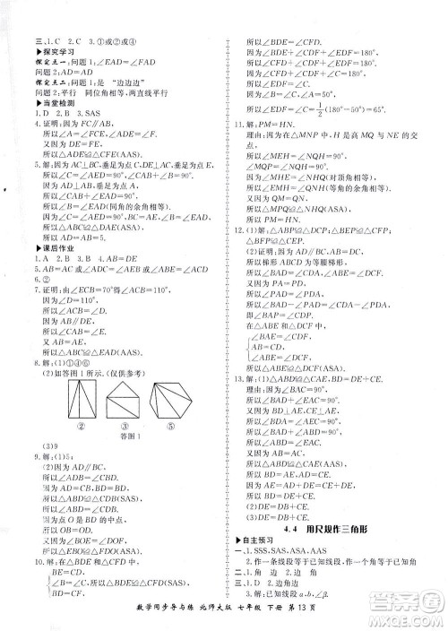 郑州大学出版社2021新学案同步导与练七年级数学下册北师大版答案