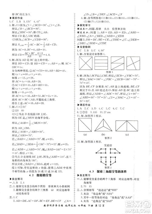 郑州大学出版社2021新学案同步导与练七年级数学下册北师大版答案