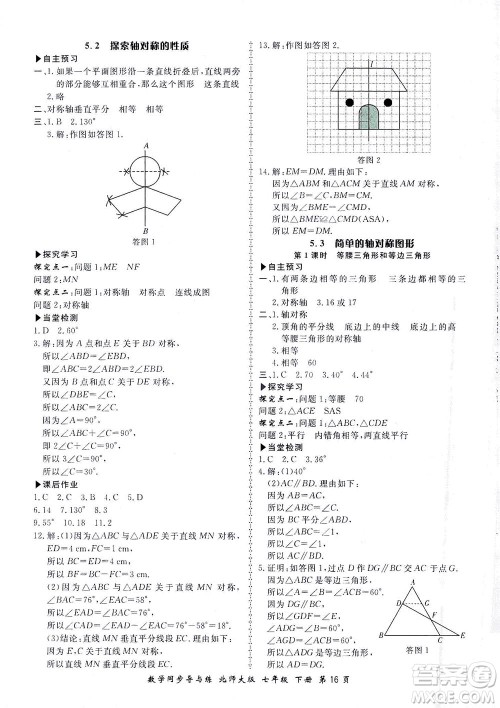 郑州大学出版社2021新学案同步导与练七年级数学下册北师大版答案