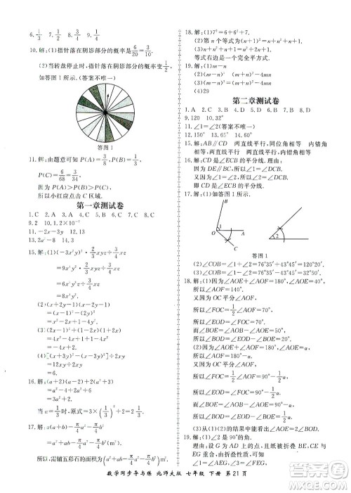 郑州大学出版社2021新学案同步导与练七年级数学下册北师大版答案