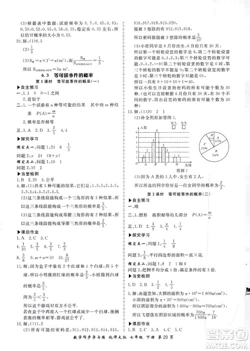 郑州大学出版社2021新学案同步导与练七年级数学下册北师大版答案