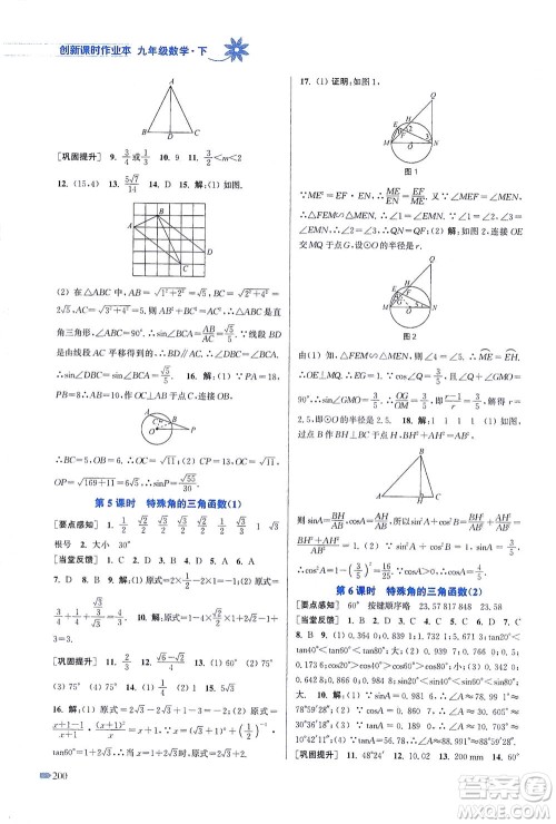 江苏凤凰美术出版社2021创新课时作业本数学九年级下册江苏版答案