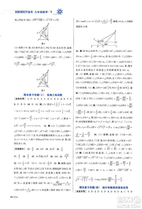 江苏凤凰美术出版社2021创新课时作业本数学九年级下册江苏版答案