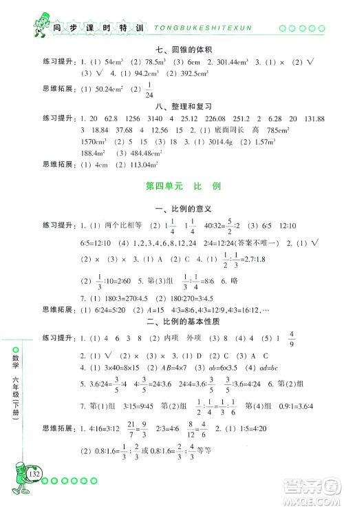 浙江少年儿童出版社2021同步课时特训数学六年级下册R人教版答案