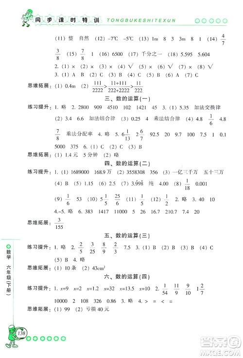 浙江少年儿童出版社2021同步课时特训数学六年级下册R人教版答案