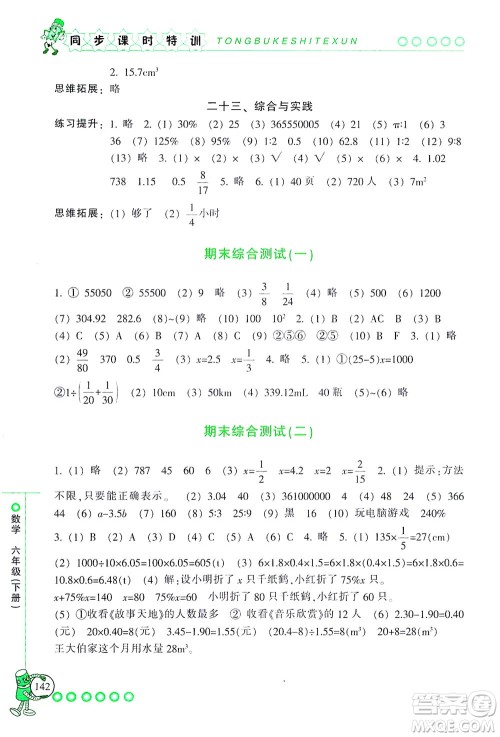 浙江少年儿童出版社2021同步课时特训数学六年级下册R人教版答案