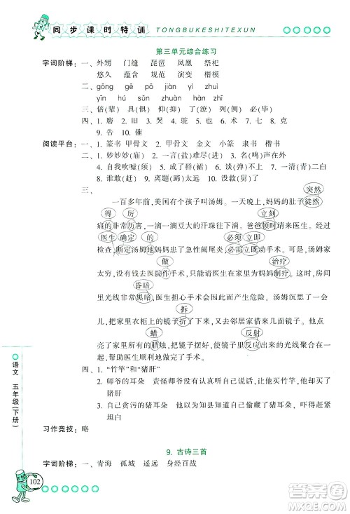 浙江少年儿童出版社2021同步课时特训语文五年级下册R人教版答案