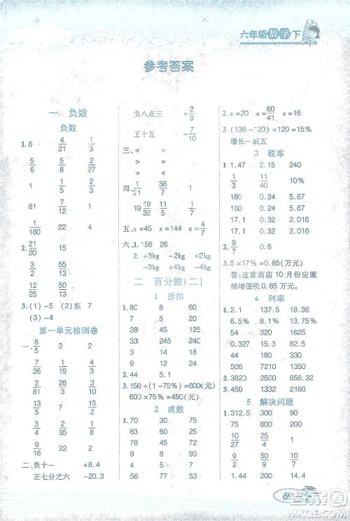 西安出版社2021帮你学口算题卡六年级下册数学人教版参考答案