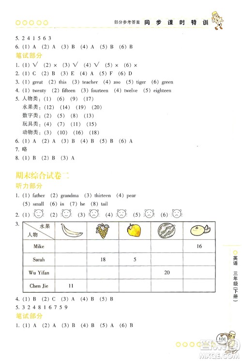 浙江少年儿童出版社2021同步课时特训英语三年级下册R人教版答案