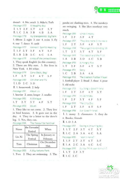 华中科技大学出版社2021小学英语阅读理解100+8篇四年级通用版参考答案