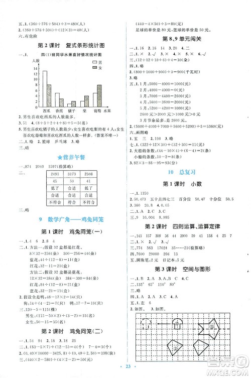 人民教育出版社2021同步解析与测评四年级数学下册人教版答案