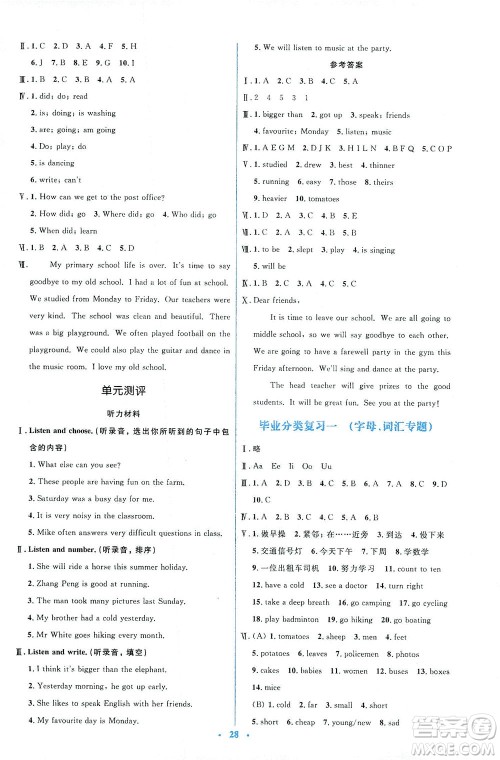 人民教育出版社2021同步解析与测评六年级英语下册人教版答案