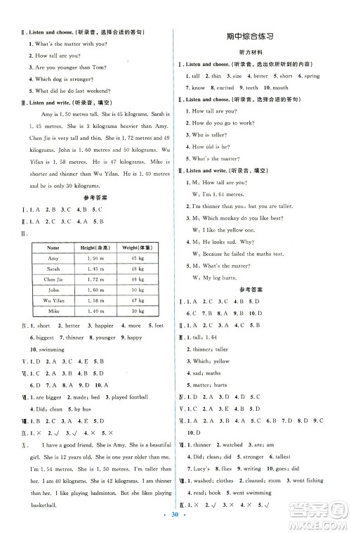 人民教育出版社2021同步解析与测评六年级英语下册人教版答案
