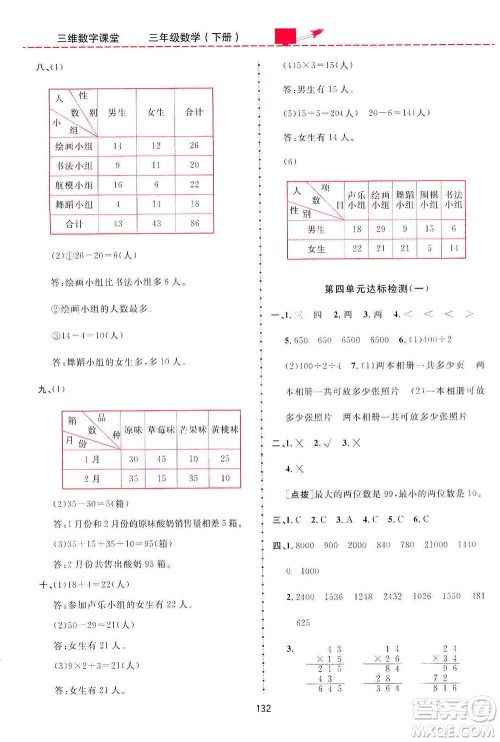 吉林教育出版社2021三维数字课堂数学三年级下册人教版答案