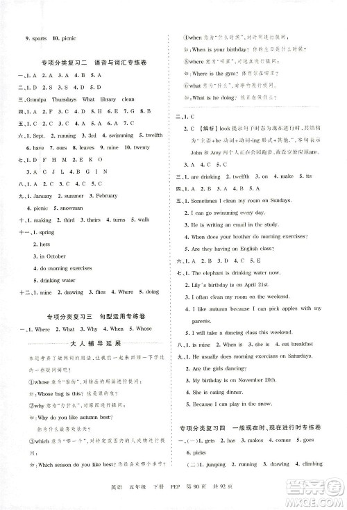 江西人民出版社2021春王朝霞考点梳理时习卷英语五年级下册PEP人教版答案