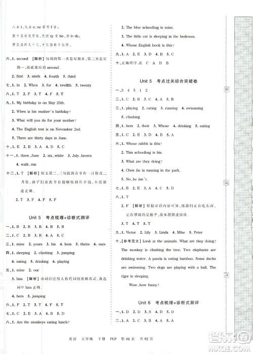 江西人民出版社2021春王朝霞考点梳理时习卷英语五年级下册PEP人教版答案