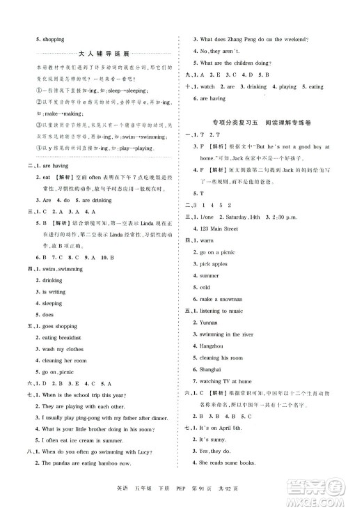 江西人民出版社2021春王朝霞考点梳理时习卷英语五年级下册PEP人教版答案