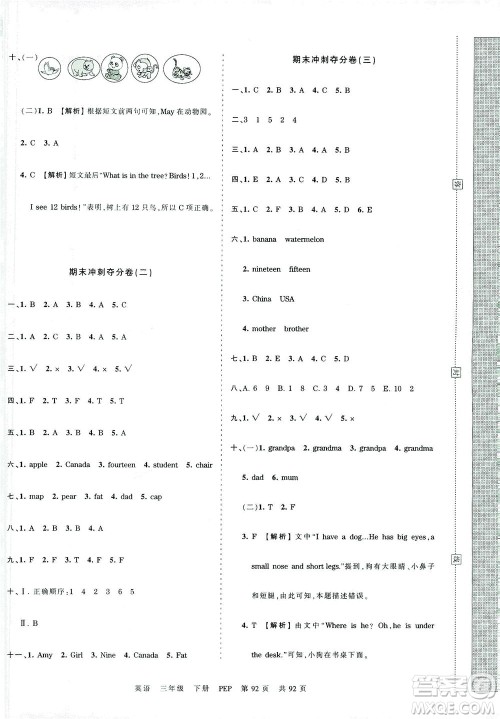 江西人民出版社2021春王朝霞考点梳理时习卷英语三年级下册PEP人教版答案