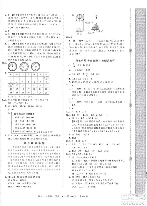 江西人民出版社2021春王朝霞考点梳理时习卷数学三年级下册RJ人教版答案