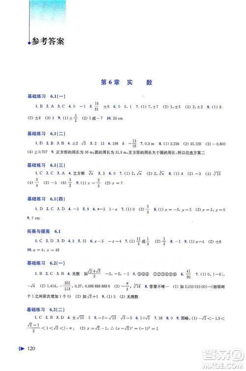 上海科学技术出版社2021初中数学同步练习七年级下册沪科版参考答案