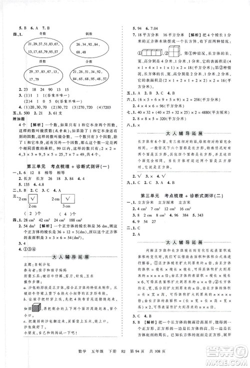 江西人民出版社2021春王朝霞考点梳理时习卷数学五年级下册RJ人教版答案