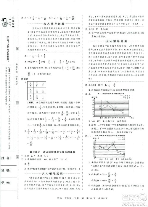 江西人民出版社2021春王朝霞考点梳理时习卷数学五年级下册RJ人教版答案