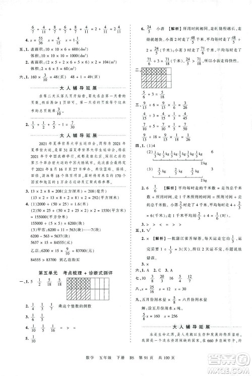 江西人民出版社2021春王朝霞考点梳理时习卷数学五年级下册BS北师版答案