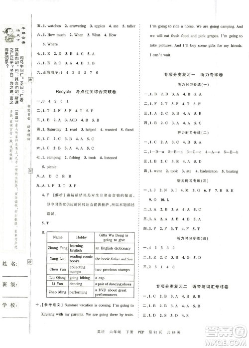 江西人民出版社2021春王朝霞考点梳理时习卷英语六年级下册PEP人教版答案