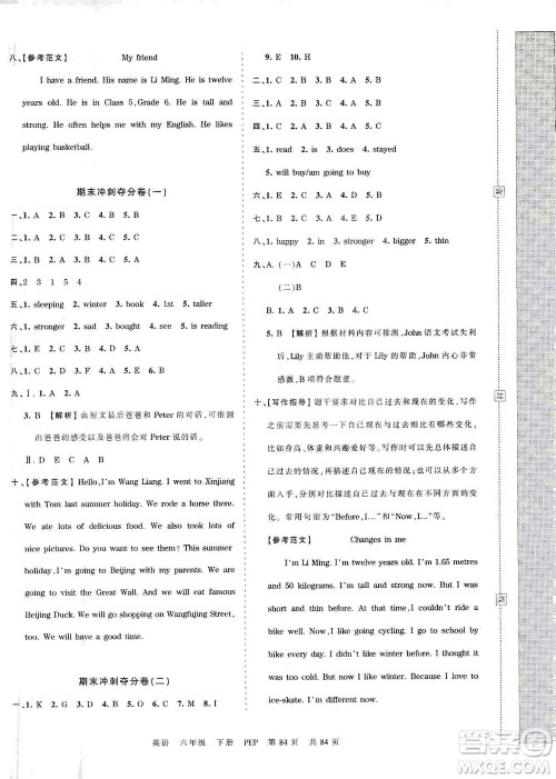 江西人民出版社2021春王朝霞考点梳理时习卷英语六年级下册PEP人教版答案
