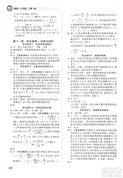 江西人民出版社2021春王朝霞考点梳理时习卷物理八年级下册RJ人教版答案