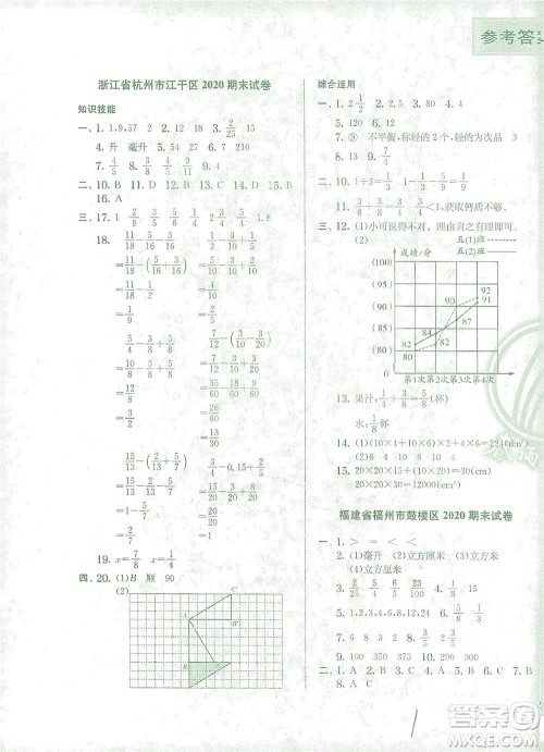 江苏人民出版社2021实验班提优训练五年级数学下册RMJY人教版答案
