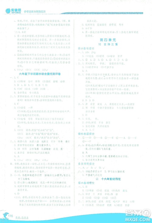 江苏人民出版社2021实验班提优训练六年级语文下册RMJY人教版答案