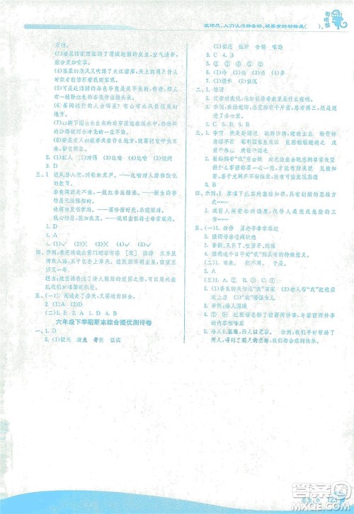 江苏人民出版社2021实验班提优训练六年级语文下册RMJY人教版答案