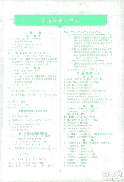 江苏人民出版社2021实验班提优训练六年级数学下册RMJY人教版答案