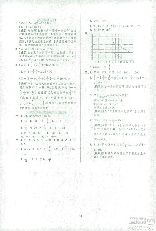 江苏人民出版社2021实验班提优训练六年级数学下册RMJY人教版答案