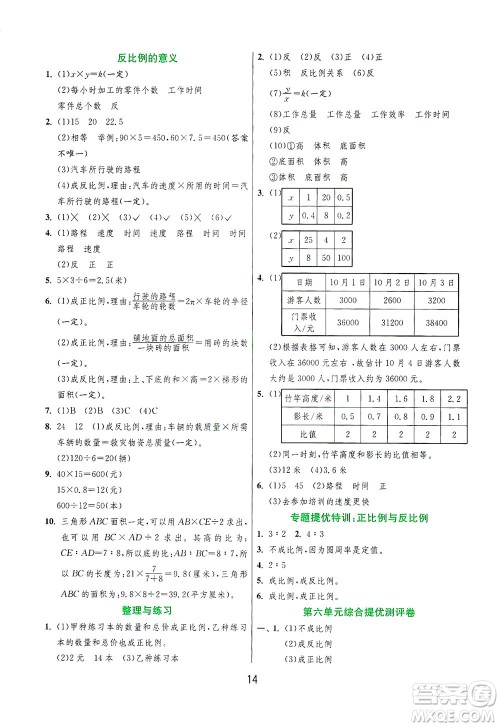 江苏人民出版社2021实验班提优训练六年级数学下册JSJY苏教版答案