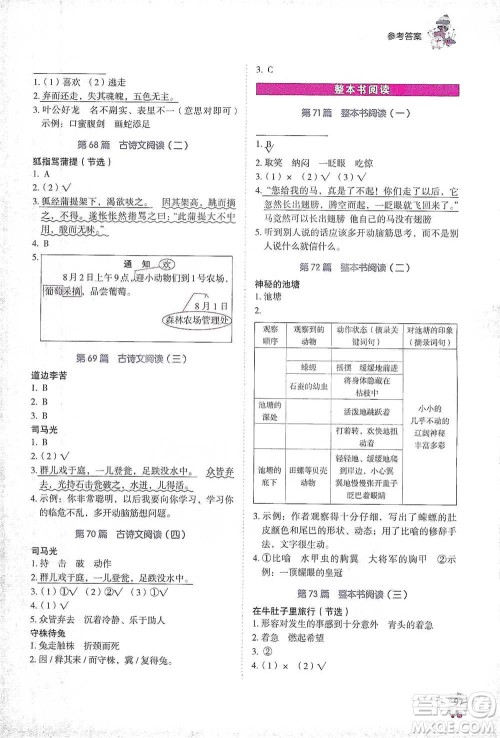 广东经济出版社2021畅阅读小学语文阅读真题80篇浙江专版三年级参考答案
