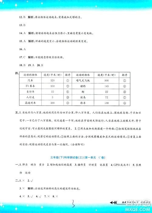浙江工商大学出版社2021孟建平系列丛书小学单元测试科学三年级下J教科版答案