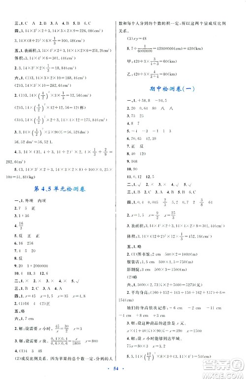 内蒙古教育出版社2021学习目标与检测六年级数学下册人教版答案