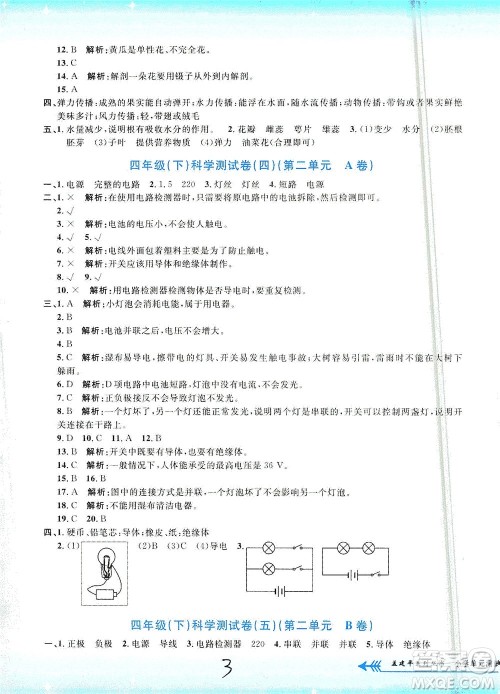 浙江工商大学出版社2021孟建平系列丛书小学单元测试科学四年级下J教科版答案